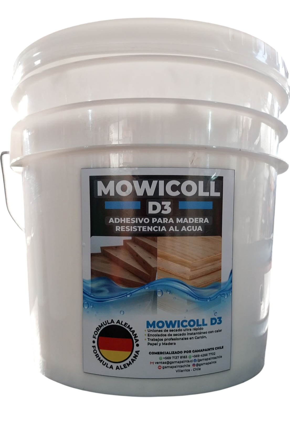 Adhesivo Mowicoll Rápido DHWA, Original, base agua, fórmula alemana, alta resistencia a la humedad, rápido fraguado entre 7 y 9 minutos a 23°C 50% HR, pegado de gran calidad para todo tipo de maderas,  placas carpinteras, ensambles, muebleria, paneles y carpintería en general, aplicación de 100 a 200 grs/m². Gran resistencia al agua  una vez seco no re-emulsiona por inmersión en agua.
Apto para trabajar en prensa fría y caliente.